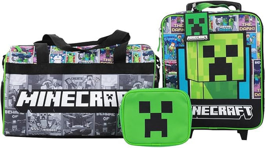 Bioworld Minecraft Creeper Youth 4-Piece Travel Set-14 Carry-on, Duffle Bag, and Luggage Tag Set