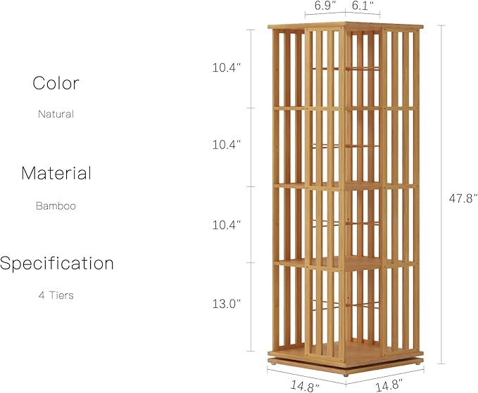 YOWOS Rotating Bookshelf Tower, 360 Display Spinning Bookcase, Bamboo Bookshelf Floor Standing Storage Rack, Wood Narrow Book Shelf Organizer for Kids&Adults (Nature, 4 Tier)