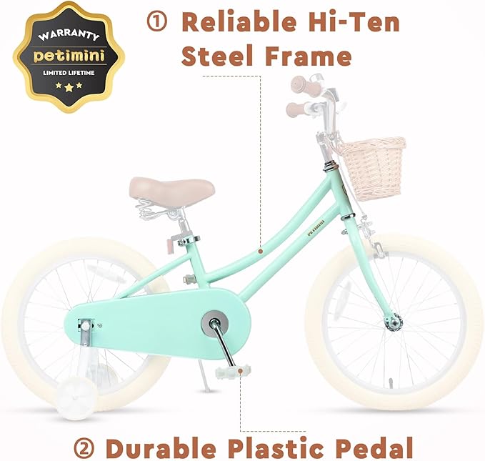 Petimini Girls Bike with Basket for 2-12 Years Old Kids, 12 14 16 18 20 Inch Bicycle with Bell Training Wheels Basket, Multiple Colors