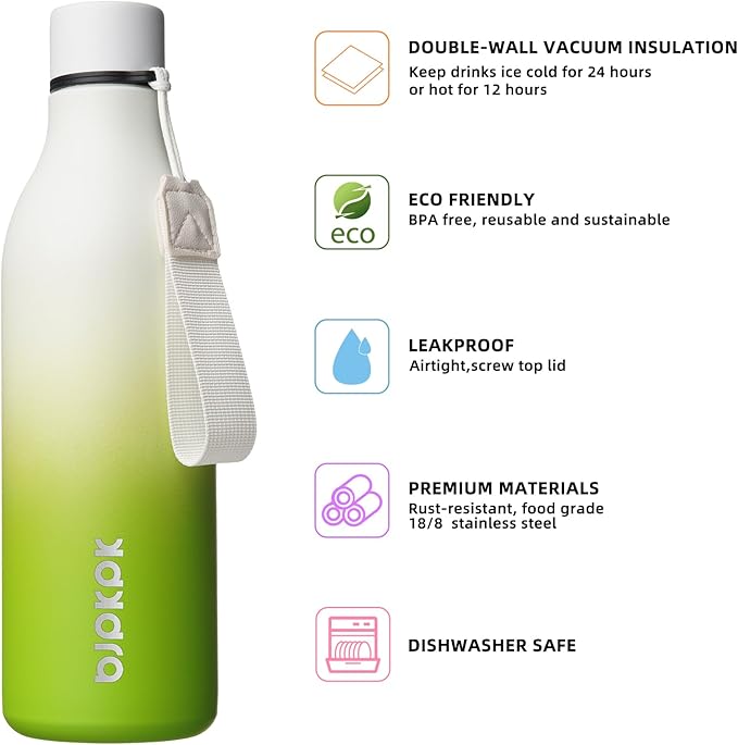 BJPKPK Insulated Water Bottles, 25 oz Stainless Steel Metal Water Bottle with Strap, BPA Free Leak Proof Thermos, Mugs, Flasks, Reusable Water Bottle for Sports & Travel, Elegant Green