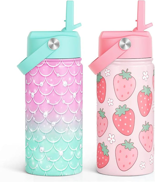 SANDJEST Kids Water Bottle with Straw Lid, Pack of 2 Insulated 12 Oz Stainless Steel Water Bottles for Girls, Travel Cup for School Sports, Mermaid - Strawberry
