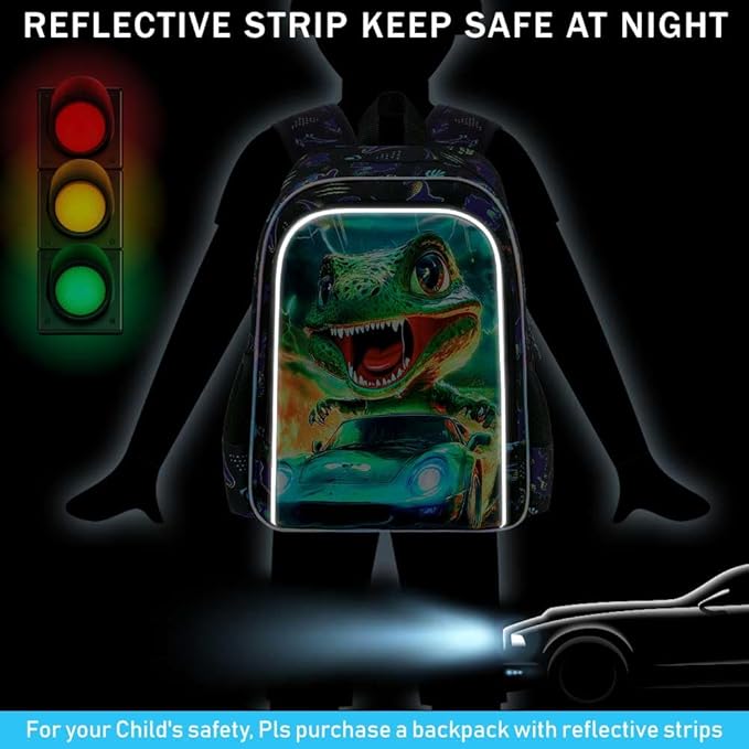 16" Dinosaur Backpack for Boy, 3Pcs Cars Bookbag with Lunch Box, Kids School Backpacks for Elementary Preschool Kindergarten (Black)