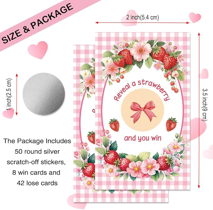 50 Pcs Strawberry Themed Scratch Off Game Cards, Pink Scratch Cards for Birthday, Baby Shower, Party Supplies, Lottery Prize Raffle Ticket, Berry Theme Party