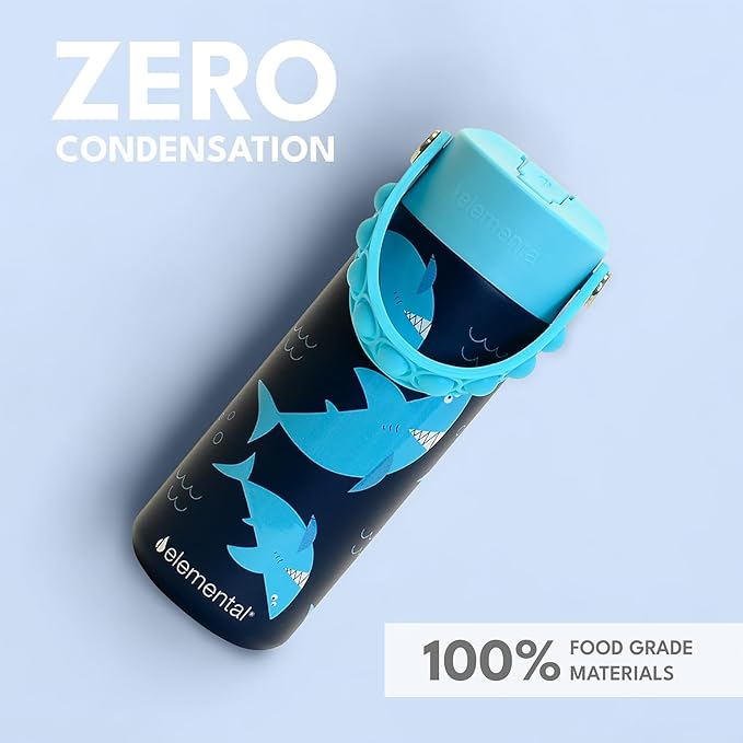 Elemental Insulated Kids Water Bottle, Stainless Steel Water Bottle with Straw Lid & Pop-It Handle, Leak-Proof Water Bottles for School, Boys or Girls, Travelling and Sports, 18oz - Sharks Ahoy