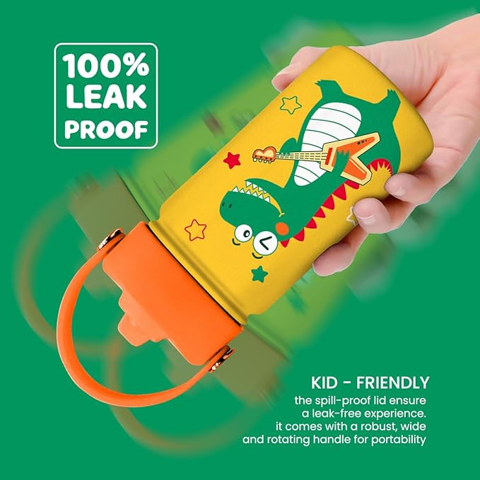 Dinosaurs Water Bottle - Dino Kids Water Bottle with Straw Lid - 12 Oz Insulated Stainless Steel Water Bottles for Kid Boys - Travel Cup for School Sports