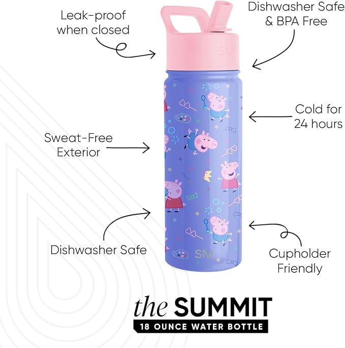 Simple Modern Kids Summit Water Bottle with Straw Lid | Peppa Pig 18oz Stainless Steel Cup Insulated Tumbler for Toddlers, School | Peppa Pig Bubbles