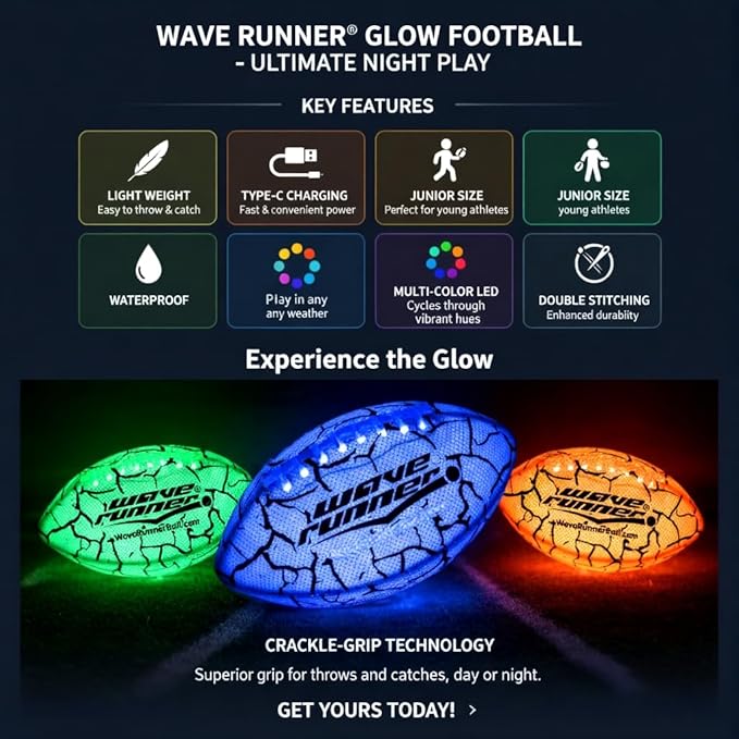 Wave Runner Glow in The Dark Junior Size Waterproof LED Football for Kids, Teens & Adults – Color-Changing Light Up Football with Type-C Rechargeable Design & Pump Included