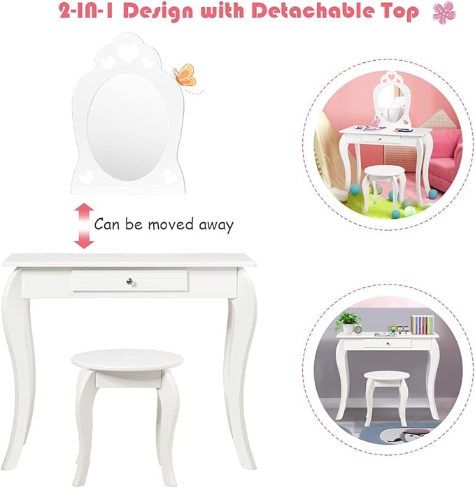 HONEY JOY Kids Vanity Set with Mirror, Toddler Wooden Vanity Table with Stool & Drawer, Removable Top, Princess Pretend Play Beauty Makeup Dressing Table Playset for Little Girls(White)