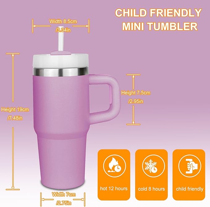 14 oz Tumbler with Lid and Straw Kids, Mini Tumbler for Kid with Handle Stainless Steel Cup, Outdoor Sports Travel School Gift, Keeps Drinks Cold up to 24 Hr (Purple)