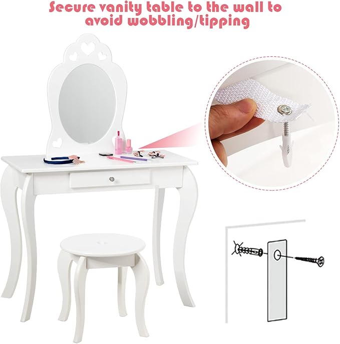 HONEY JOY Kids Vanity Set with Mirror, Toddler Wooden Vanity Table with Stool & Drawer, Removable Top, Princess Pretend Play Beauty Makeup Dressing Table Playset for Little Girls(White)