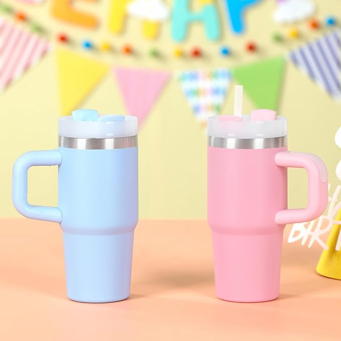 Cosictic 14 Oz Tumbler with Handle and Straw for Kids, Stainless Steel Double Wall Vacuum Insulated Cup for Children, 14 Oz Cups for Kids (Sky Blue, Pink)