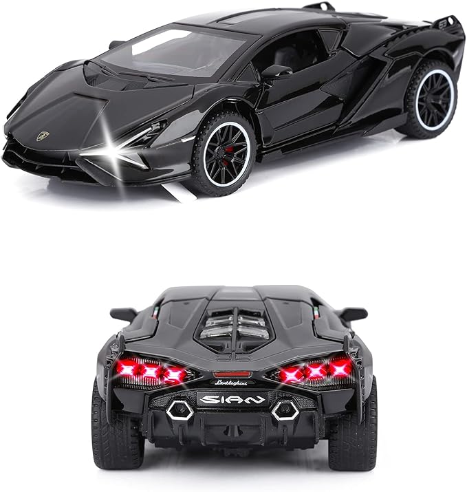 SASBSC Lamb Toy Cars for Kids Sian Diecast Metal Model Car with Light and Sound Fkp3 Pull Back Toy Car for Boys Age 3 + Year Old (Black)
