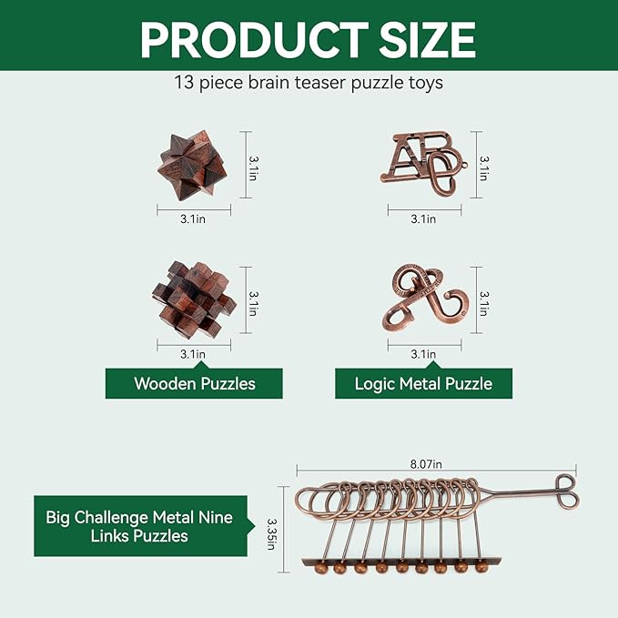 13 Pcs Brain Teaser Puzzles for Adults - Metal Puzzles 3D Puzzle Game Toys for Adults Teens - Wooden Unlock Interlocking Puzzle Adult IQ Education Smart Toys