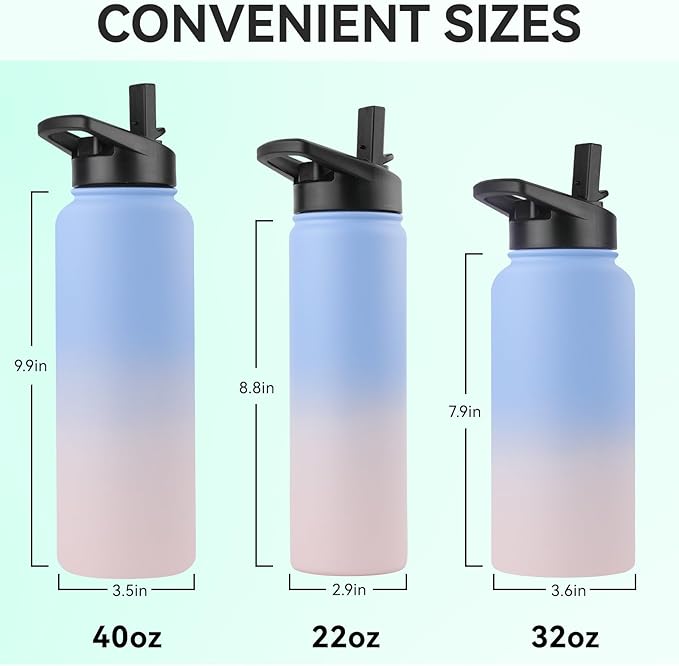 DOMICARE Insulated Water Bottle, 22 oz Vacuum Insulated Stainless Steel Reusable Sports Bottle with Straw Lid & Spout Lid for Travel, Camping, Bike, Leakproof, Blue/Pink, 8 Pack