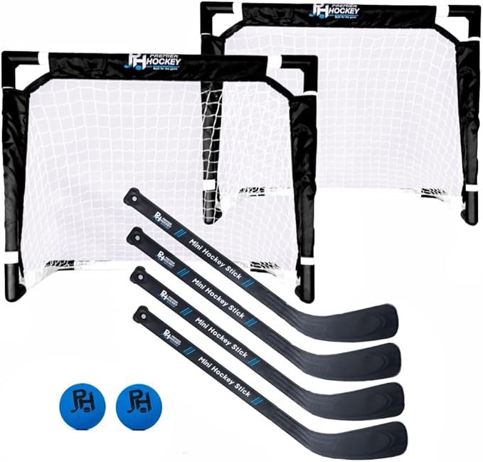 Premier Sports - Mini Hockey Set – Complete 4-Player Indoor Kit with (2) Mini Goals, (4) Mini Sticks, and (2) Mini Foam Balls