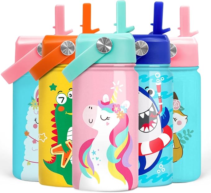 Unicorn Water Bottle - Kids Water Bottle with Straw Lid - 12 Oz Insulated Stainless Steel Water Bottles for Kid Girls - Travel Cup for School Sports