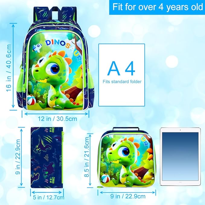 16" Dinosaur Backpack, 3Pcs Boy Bookbag for Elementary Preschool Kindergarten, Kids School Backpacks with Lunch Box (Green)