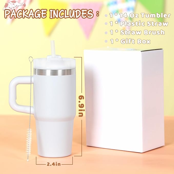 Cosictic 14 Oz Tumbler with Handle and Straw for Kids, Stainless Steel Double Wall Vacuum Insulated Cup for Children, 14 Oz Cups for Kids (Wihte)