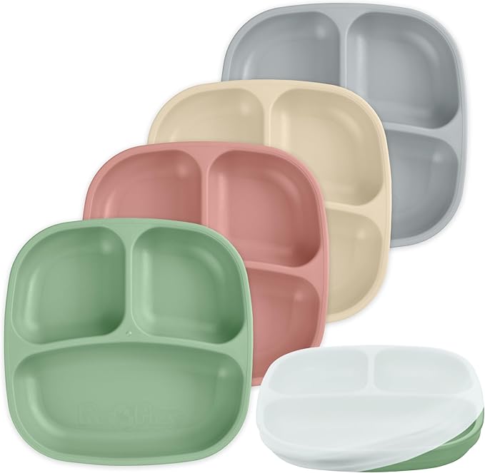 Re-Play Toddler Plates with Dividers & Silicone Lid - Deep-Walled 3 Compartments Divided Plates for Kids - Dishwasher/Microwave Safe - Made in USA - Set of 4-7.37" x 7.37" x 1.25" - Desert Sands