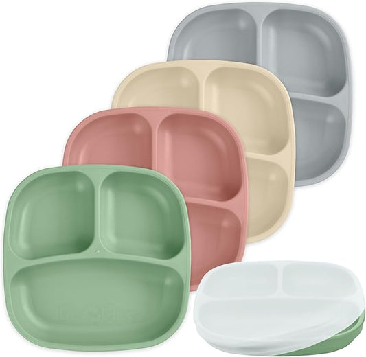 Re-Play Toddler Plates with Dividers & Silicone Lid - Deep-Walled 3 Compartments Divided Plates for Kids - Dishwasher/Microwave Safe - Made in USA - Set of 4-7.37" x 7.37" x 1.25" - Desert Sands