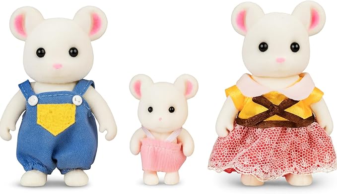 Family White Mouse Figures — Set of 3 Collectible Flocked Mini Dolls with Removable Clothes, Miniature Dollhouse Pretend Play Figures for Kids Ages 3+