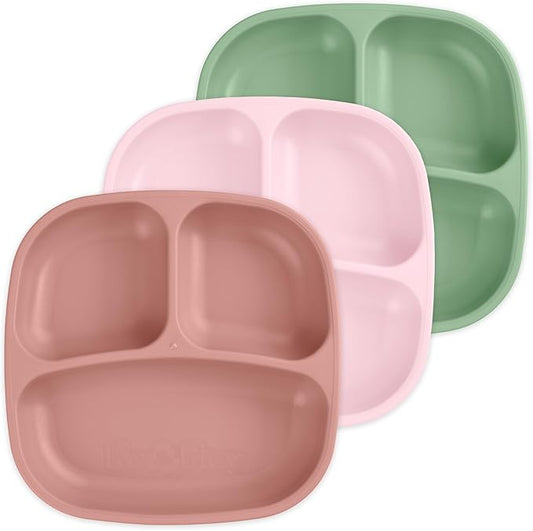 Re-Play Toddler Plates with Dividers - Deep-Walled 3 Compartments Divided Plates for Kids - Dishwasher & Microwave Safe - Made in USA - Set of 3-7.37" x 7.37" x 1.25" - Desert Roses