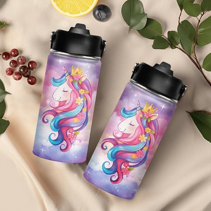 Unicorn Kids Water Bottle Insulated Water Bottles 12oz with Straw Stainless Steel Travel School Tumbler Double Wall Vacuum Cup for Girls Kid Boys