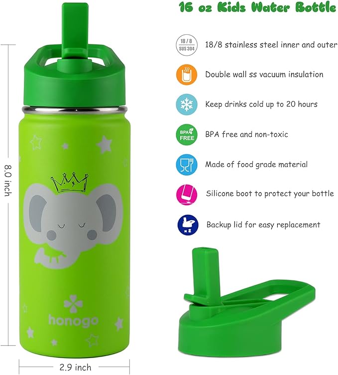 16 oz Stainless Steel Insulated Kids Water Bottle, Leak Proof Metal Thermal Flask with Straw lid, Cute Toddler Tumbler Cup for School Girls & Boys (Green, Elephant)