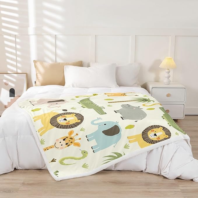 Nursery Cute Wild Animals Fleece Throw Blanket for Girls Boys Kids Cartoon Lion Giraffe Crocodile Plush Blanket Decor Nature Wildlife Sherpa Blanket Zoo Animal Theme Fuzzy Blanket King 87x95 Inch