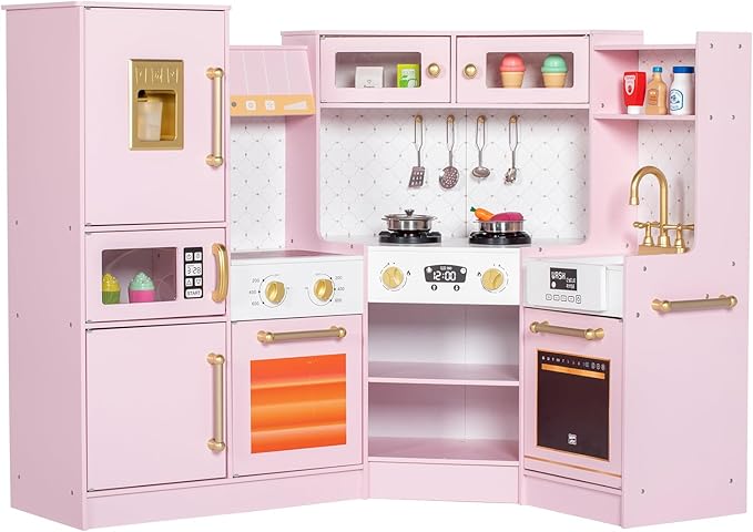 Corner Play Kitchen for Kids, Wooden Toddler Kitchen Playset with Ice Maker, Oven, Sink, Range Hood with Light, Ultimate Pretend Play Toy Kitchen Set Gift for Boys Girls Age 3+, Pink