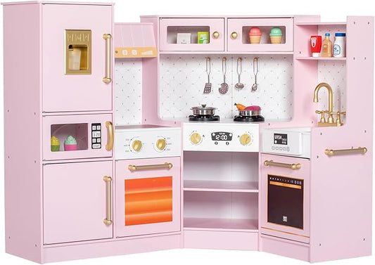 Corner Play Kitchen for Kids, Wooden Toddler Kitchen Playset with Ice Maker, Oven, Sink, Range Hood with Light, Ultimate Pretend Play Toy Kitchen Set Gift for Boys Girls Age 3+, Pink