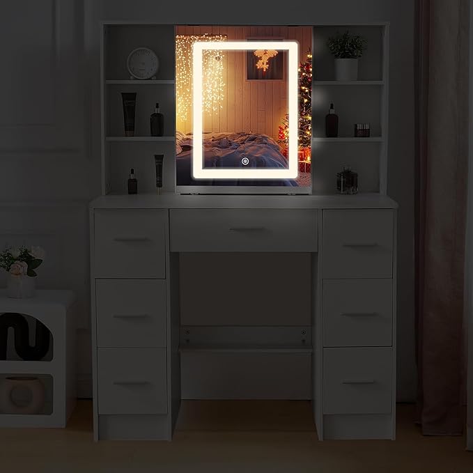 Large Vanity Set with LED Strip Light, Vanity Desk with Mirror and Lights, 7 Drawers Makeup Table with 6 Oppen Cabinets and 3 Hidden Shelves, Dressing Table for Girls