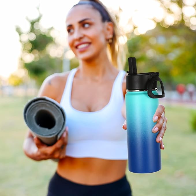 Volhoply 16 OZ Kids Water Bottle Bulk 2 Pack,Insulated Sports Bottles with Straw Lid,Stainless Steel Bottle with Handle Keep Cold & Hot,Double Wall Vacuum Tumbler Cups for School(Green Blue, 2)