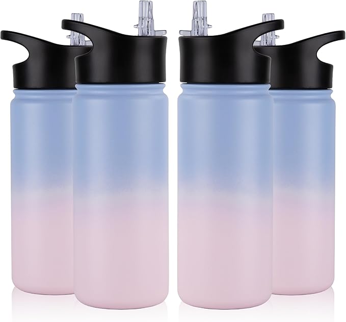16 oz Insulated Water Bottle Bulk 4 Pack, Straw & Spout Lid, Keep Cold 24H, Spill Proof, BPA-Free, Double Wall, Stainless Steel Kids Water Bottles for School, Sports, Pink Blue Gradient