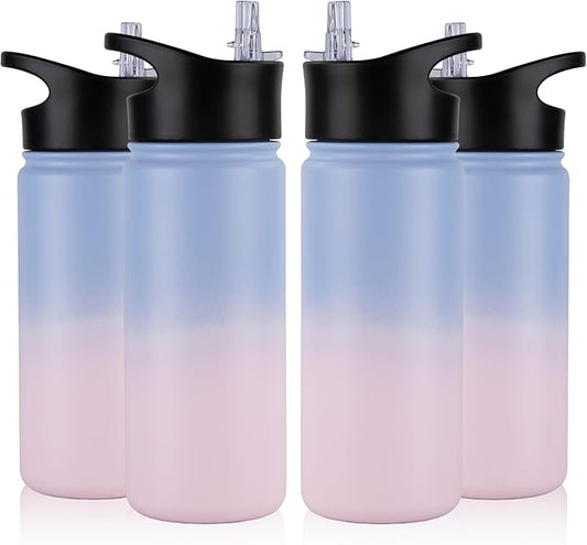 16 oz Insulated Water Bottle Bulk 4 Pack, Straw & Spout Lid, Keep Cold 24H, Spill Proof, BPA-Free, Double Wall, Stainless Steel Kids Water Bottles for School, Sports, Pink Blue Gradient