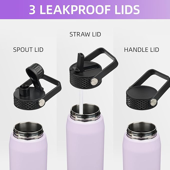 20oz Insulated Stainless Steel Water Bottle with Straw and 3 Lids, BPA-Free Sports Water Bottle,travel water bottle,Taro Purple