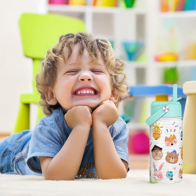 Animal Kids Water Bottle with Straw Lid 12oz Insulated Stainless Steel, Travel Tumbler, Gifts for Girls, Birthday, Christmas, Back to School