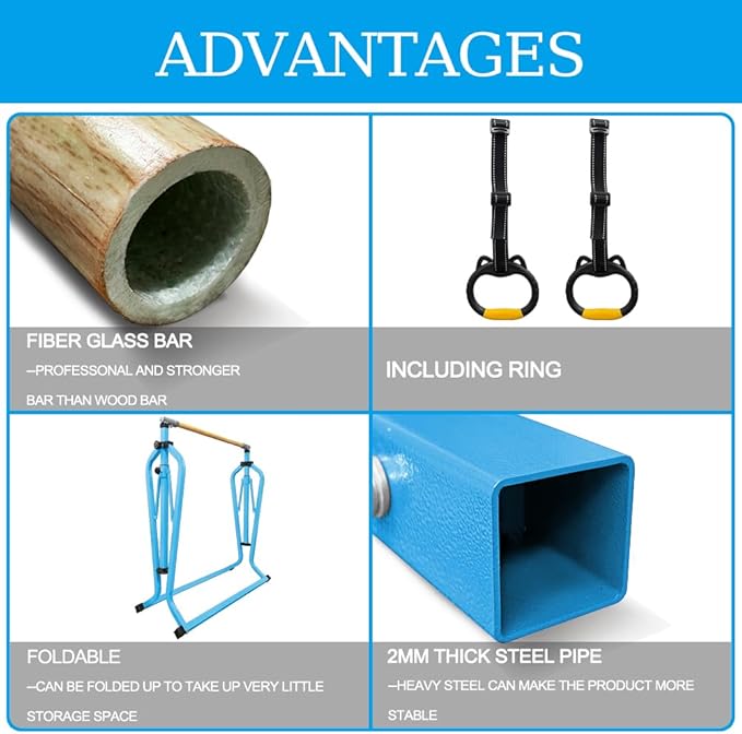 Foldable Gymnastics Kip Bar,Horizontal Bar for Kids,No Wobble Gym Equipment for Home Indoor,3' to 5' Adjustable Height,Gymnasts 1-4 Levels,300 lbs Weight Capacity