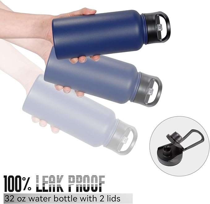 32 oz Insulated Water Bottle Bulk 4 Pack, Stainless Steel Sports Water Bottles with Straw Lid & Wide Mouth Lids, Double Walled Vacuum, Leak Proof, Blue