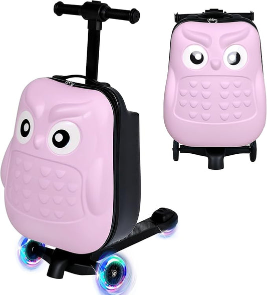 smilesun 4-in-1 Detachable Scooter Suitcase for Kids & Teens, 3D Owl/Dolphin Hardside Ride-On Luggage, Lightweight Foldable Design, Unique Travel Gift for Children(Pink Owl 22-inch)