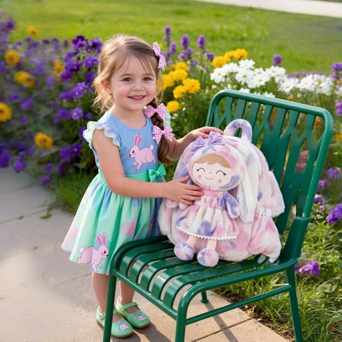 Gloveleya Back to School Gifts for Girls Backpack Plush Diaper Bag Detachabale Doll Tie-dye Purple and Soft Rabbit Design Aged 2+
