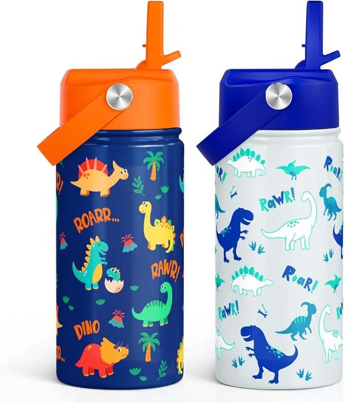 SANDJEST Dinosaur Kids Water Bottle with Straw Lid, Pack of 2 Insulated 12 Oz Stainless Steel Water Bottles for Boys, Travel Cup for School Sports