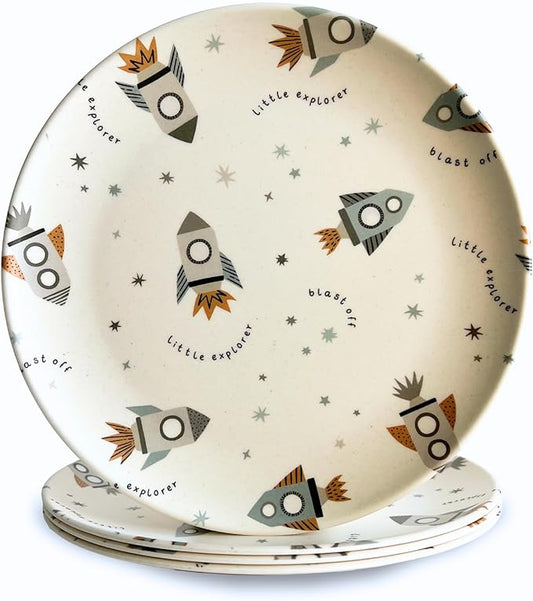 Nook Theory 4 Pack Reusable Bamboo Plates - Non-Toxic Toddler and Kids Plate, Dishwasher Safe, Not Microwavable Dinnerware (Space 10")