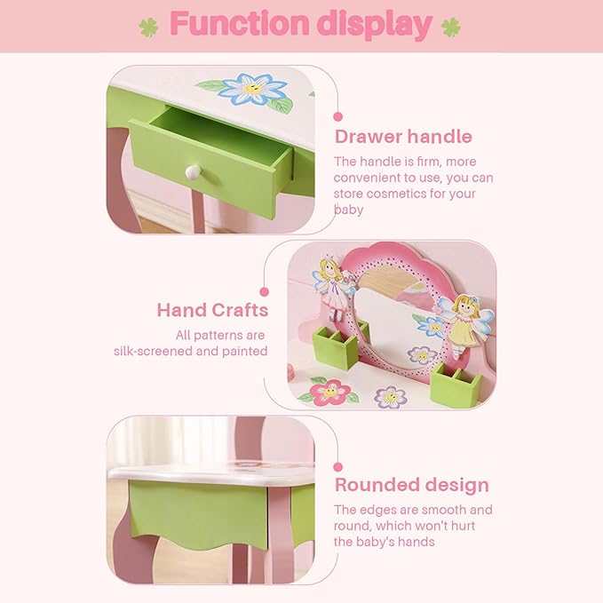 Kids Vanity Set with Stool, Wooden Makeup Dresser Table with Mirror, Flower Fairy Design with Storage Drawer, Safety Anti-Tip for Girls Age 3 and Up