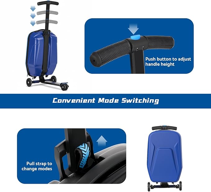 20" Hardshell Scooter Suitcase for Kid & Adult Foldable 2 in 1 Ride on Carry on Travel Trolley Scooter Luggage With Wheels