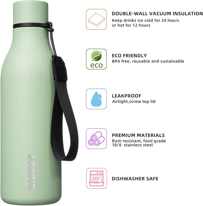BJPKPK Insulated Water Bottles, 18 oz Stainless Steel Metal Water Bottle with Strap, BPA Free Leak Proof Thermo, Mugs, Flasks, Reusable Water Bottle for Sports & Travel, Macaron Green
