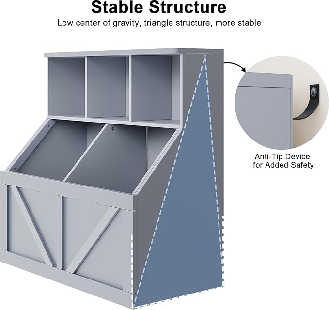 Kids Bookshelf and Toy Storage, Toy Storage Organizer, Toy Organizer with Storage Cabinet and Toy Shelf, Toddler Book Shelf for Kids Rooms, Playroom, Bedroom, Nursery, Daycare, Living Room, Grey