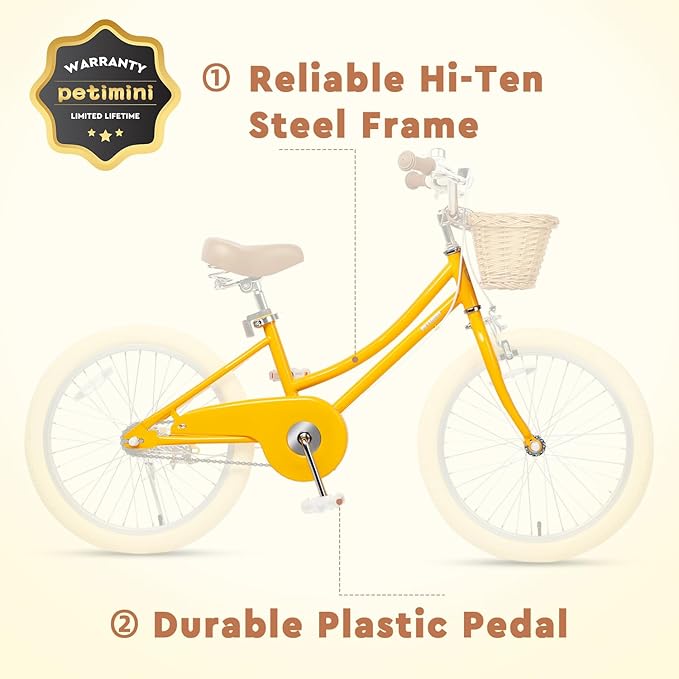 Petimini Girls Bike with Basket for 2-12 Years Old Kids, 12 14 16 18 20 Inch Bicycle with Bell Training Wheels Basket, Multiple Colors