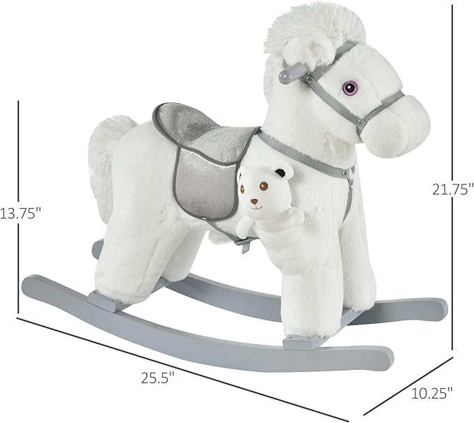 Qaba Kids Plush Ride-On Rocking Horse with Bear Toy, Children Chair with Soft Plush Toy & Fun Realistic Sounds, White
