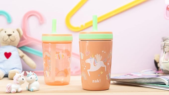 Zak Designs Unicorn Kelso Tumbler Set,Leak-Proof Screw-On Lid with Straw, Bundle for Kids Includes Plastic and Stainless Steel Cups with Bonus Sipper, 3pc Set, Non-BPA